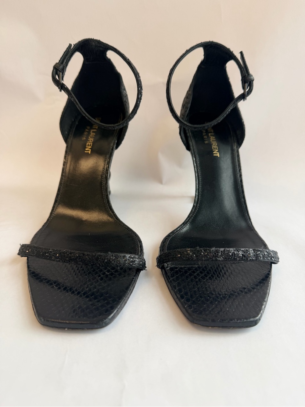 Saint Laurent Opyum Ankle Strap Sandals YSL Monogram Heel Black Glitter 39 - Picture 4 of 13